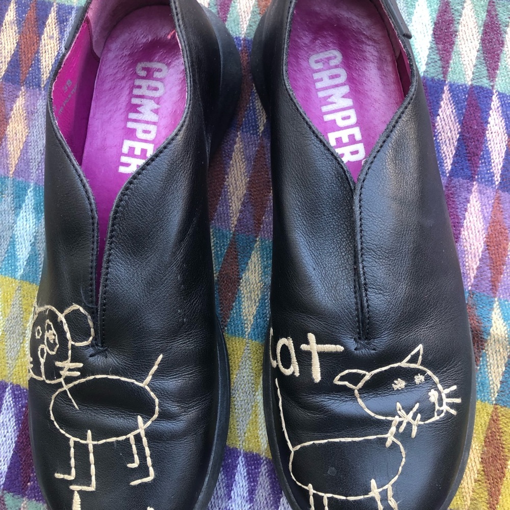Iconic CAMPER “Twin” Line Slip-on Cat & Dog Shoe in Black Leather
